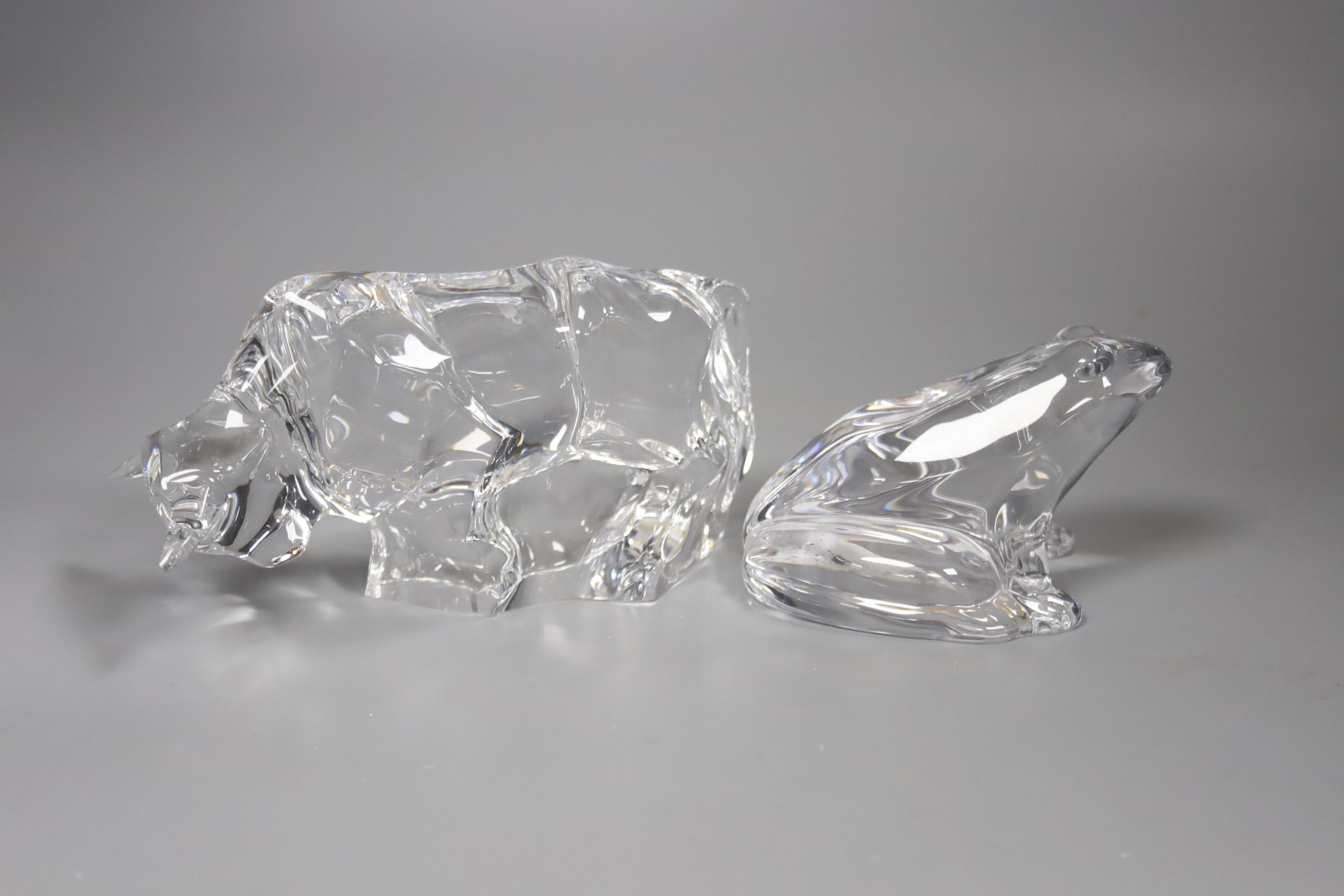 A Baccarat crystal figure of a frog, 7cm high, together with a Baccarat crystal figure of a bull, 15cm long